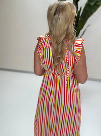 Signature Musselin Kleid weiß SMALL STRIPES fuchsia/orange/gelb/weiß
