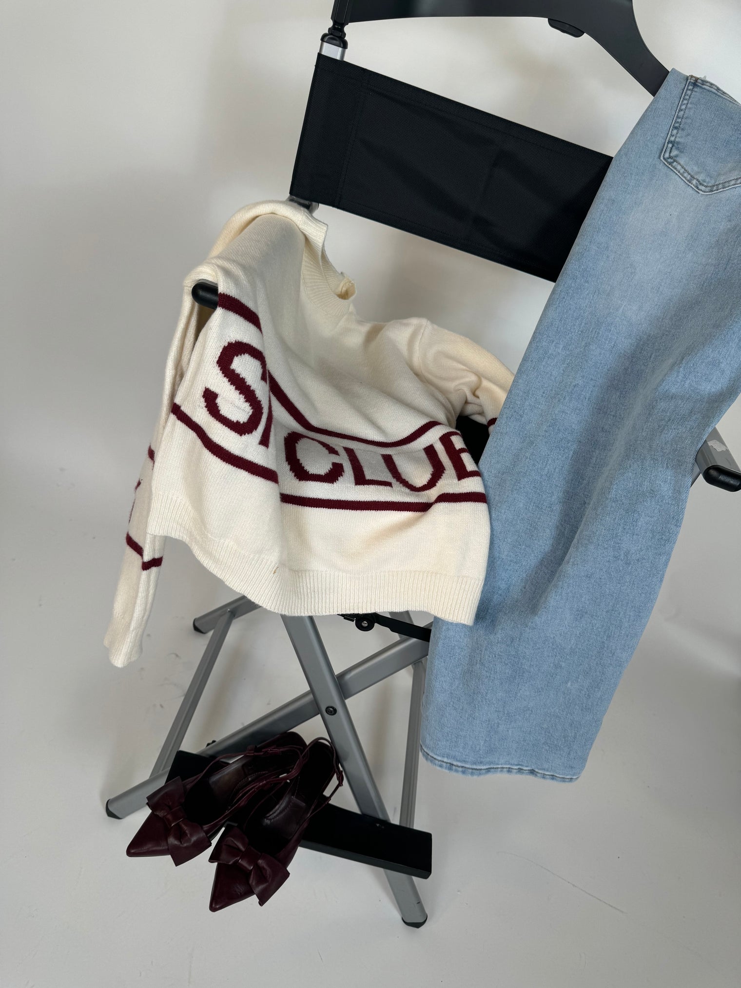 Feinstrick Pullover SKI CLUB in creme mit bordeaux