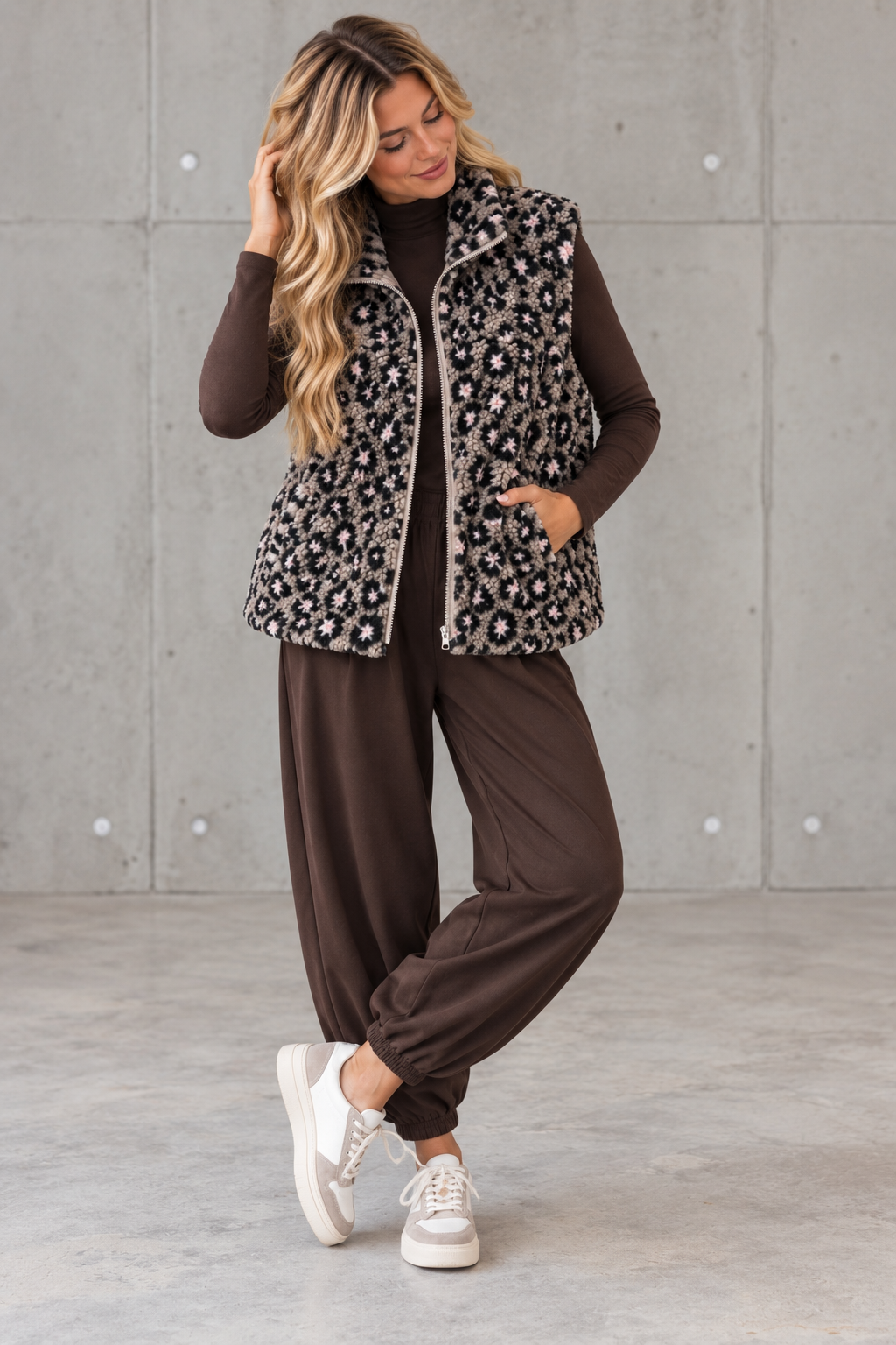 LEO Teddy Weste taupe/schwarz/hellrosa