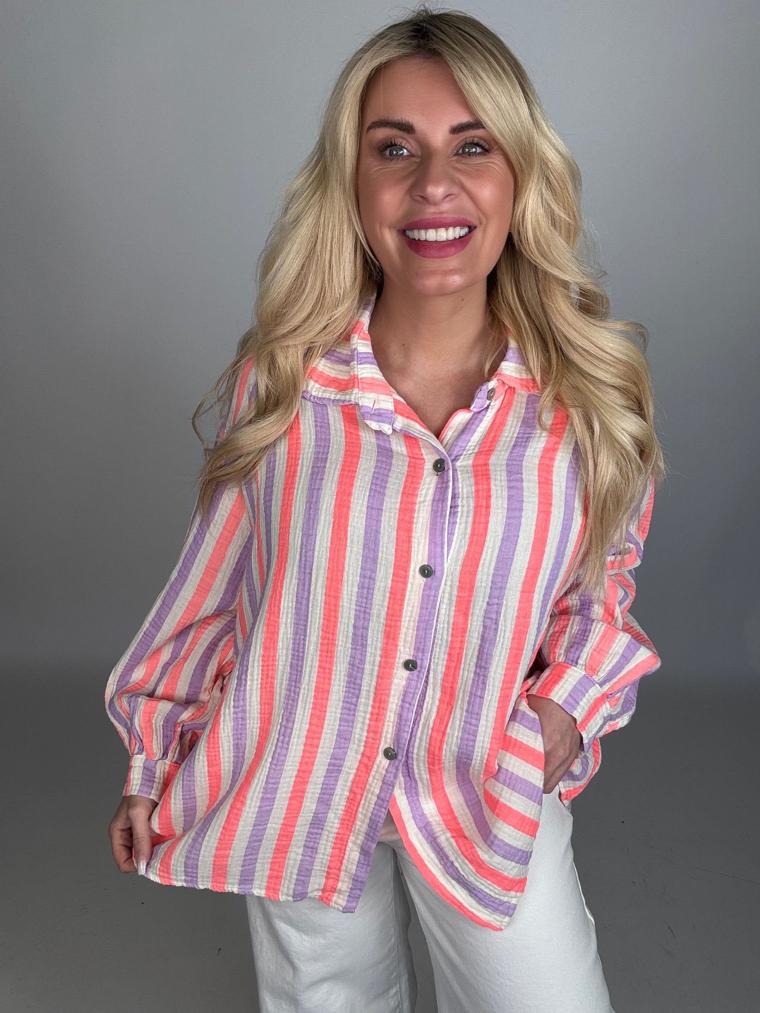 Musselin Bluse weiß NEON STREIFEN koralle/flieder