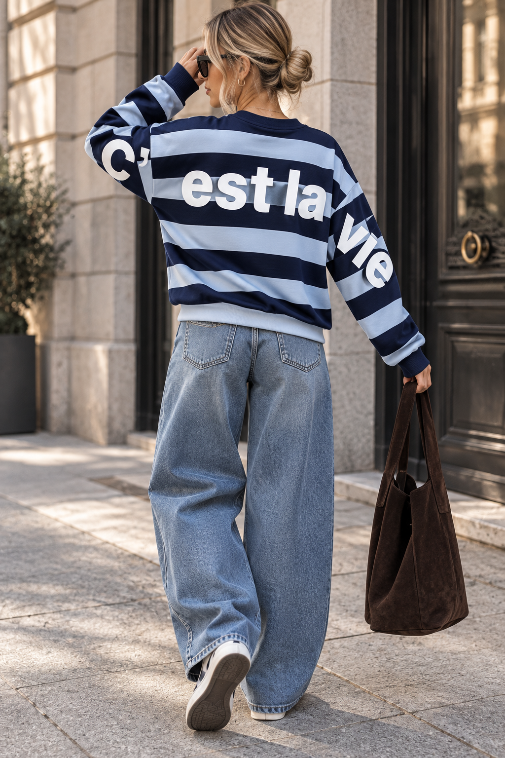 Sweater mit Rückenprint C'EST LA VIE navy/hellblau
