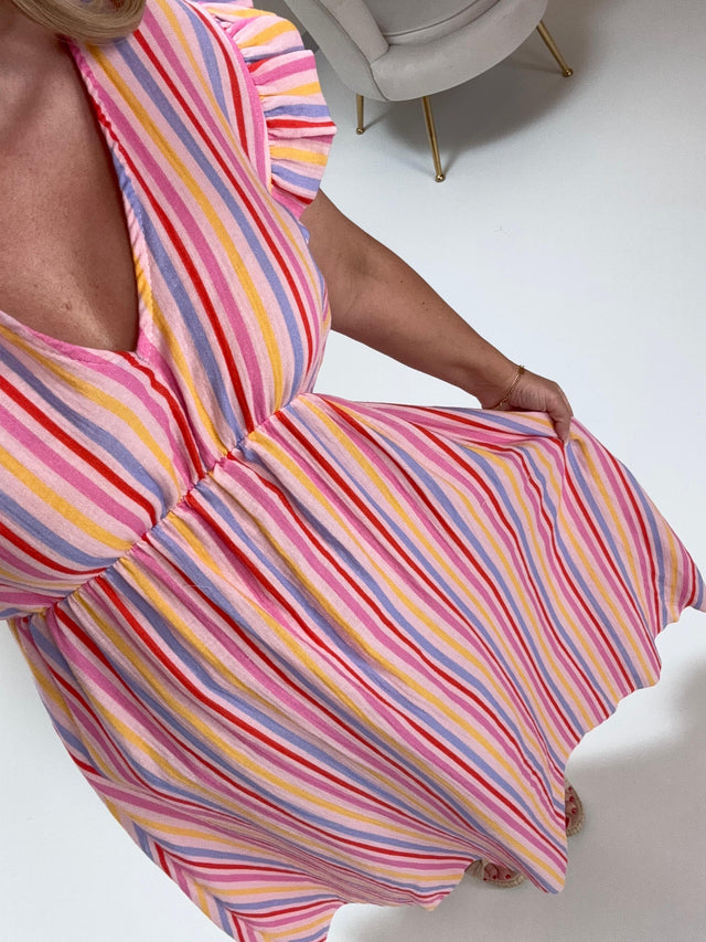 Signature Musselin Kleid rosa SMALL STRIPES pink/hellblau/gelb/rot