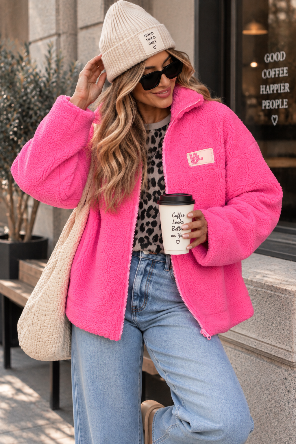 Kuschel Jacke mit Reißverschluss & Patch BE THE REASON FOR SMILES TODAY pink
