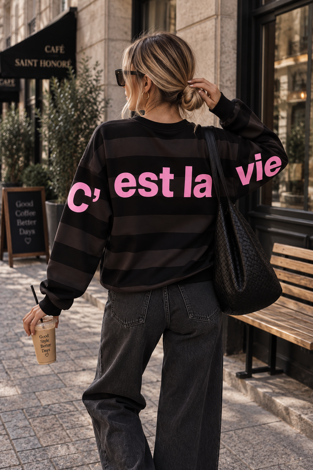 Sweater mit Rückenprint C'EST LA VIE braun/schwarz