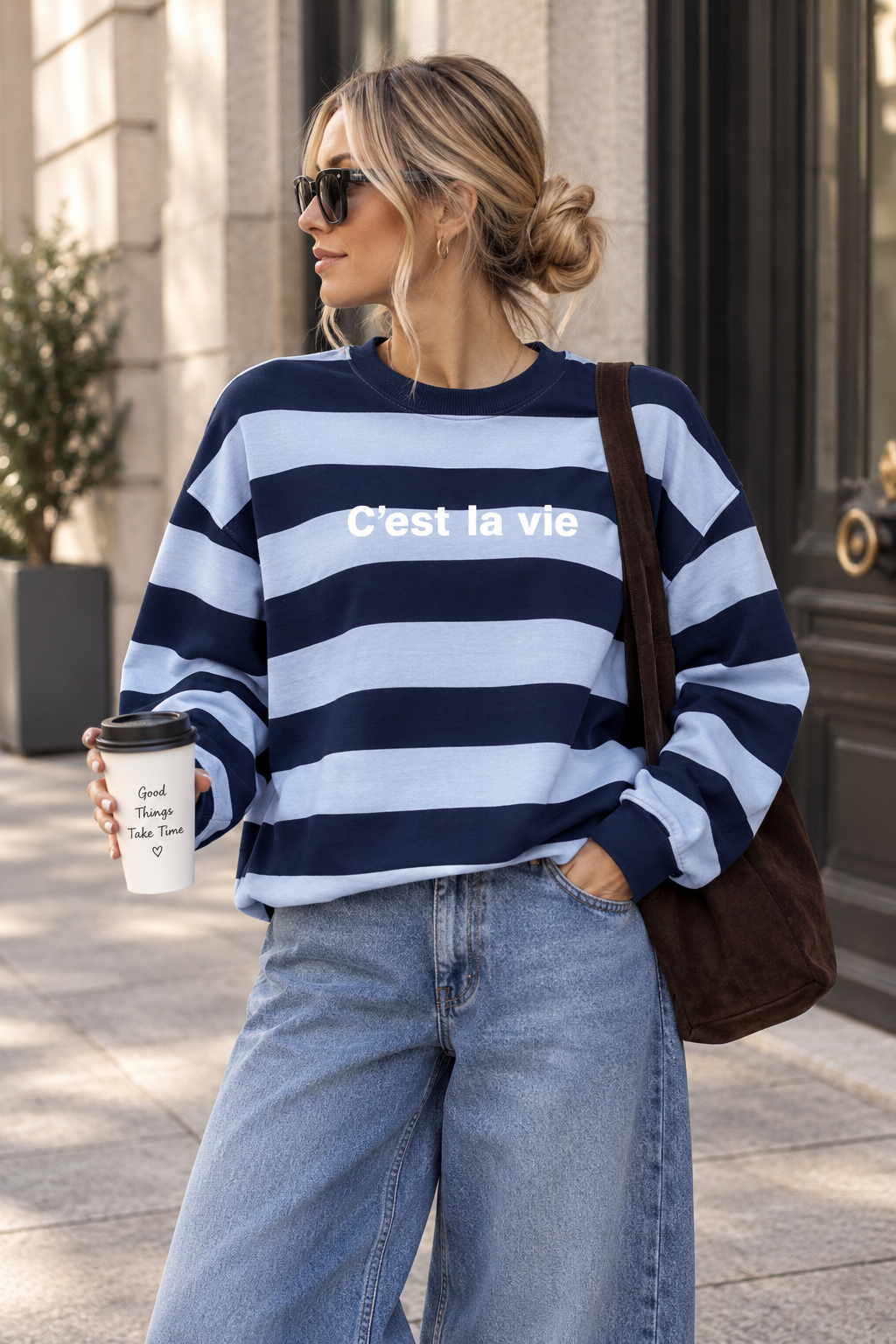 Sweater mit Rückenprint C'EST LA VIE navy/hellblau