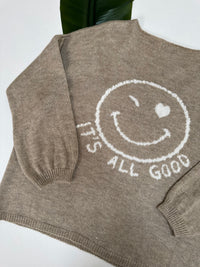 Oversize Strickpullover mit Smiley&Rückenprint beige/creme