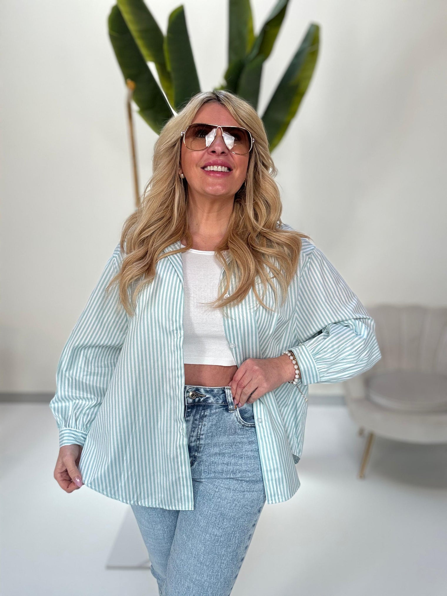 Bluse GOOD KARMA CLUB mint/weiß gestreift