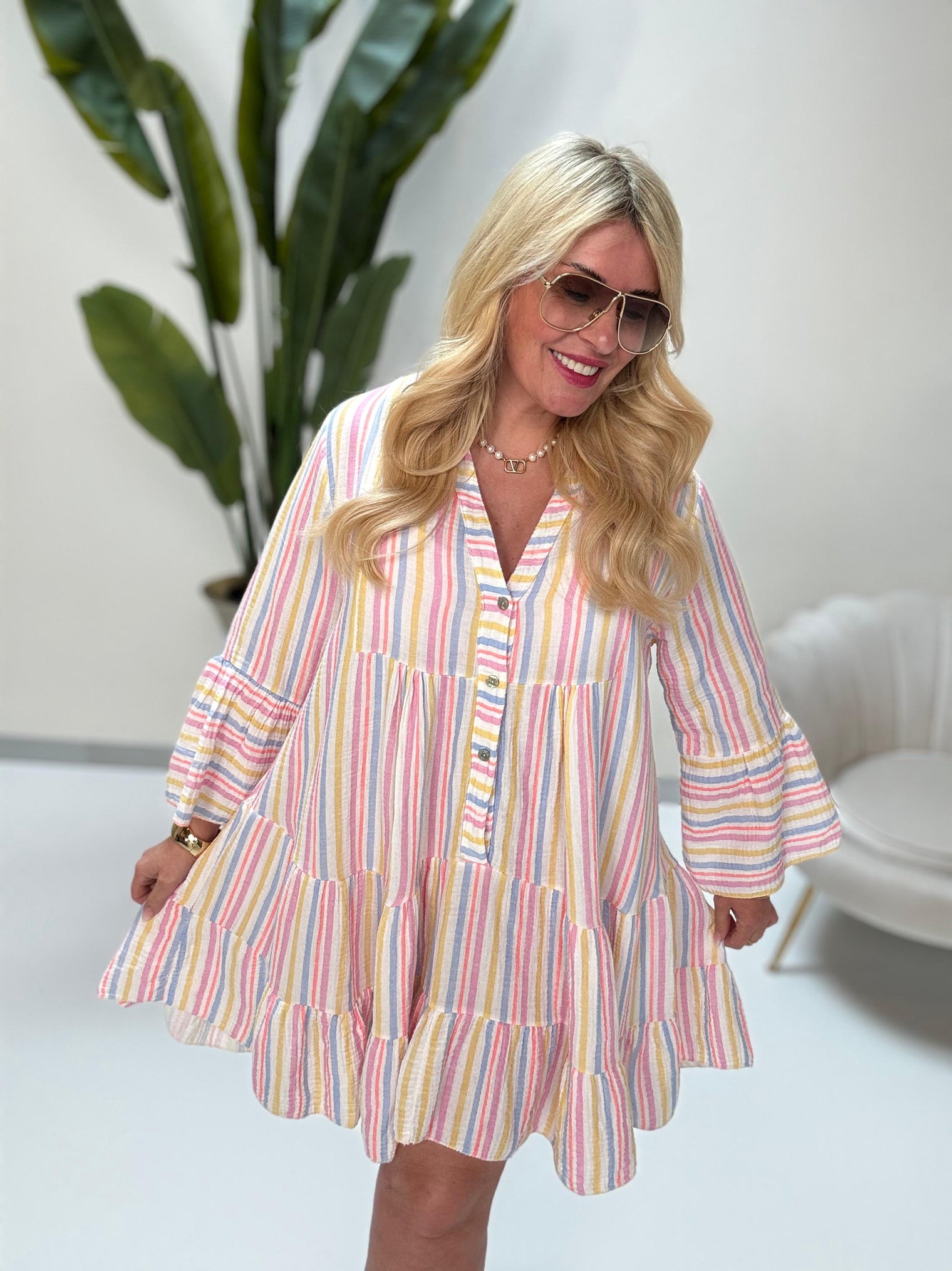 Tunika Musselin Kleid weiß COLORFUL STRIPES blau/pink/gelb/peach