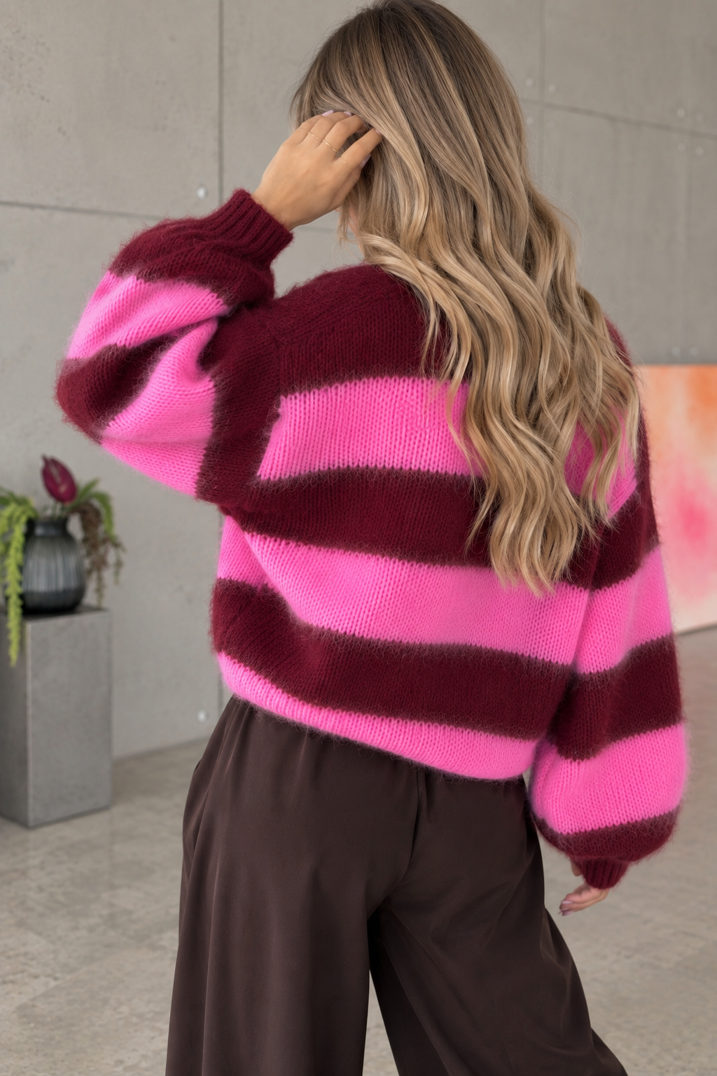 Flauschige Strickjacke mit Knopfleiste burgundy/rosa