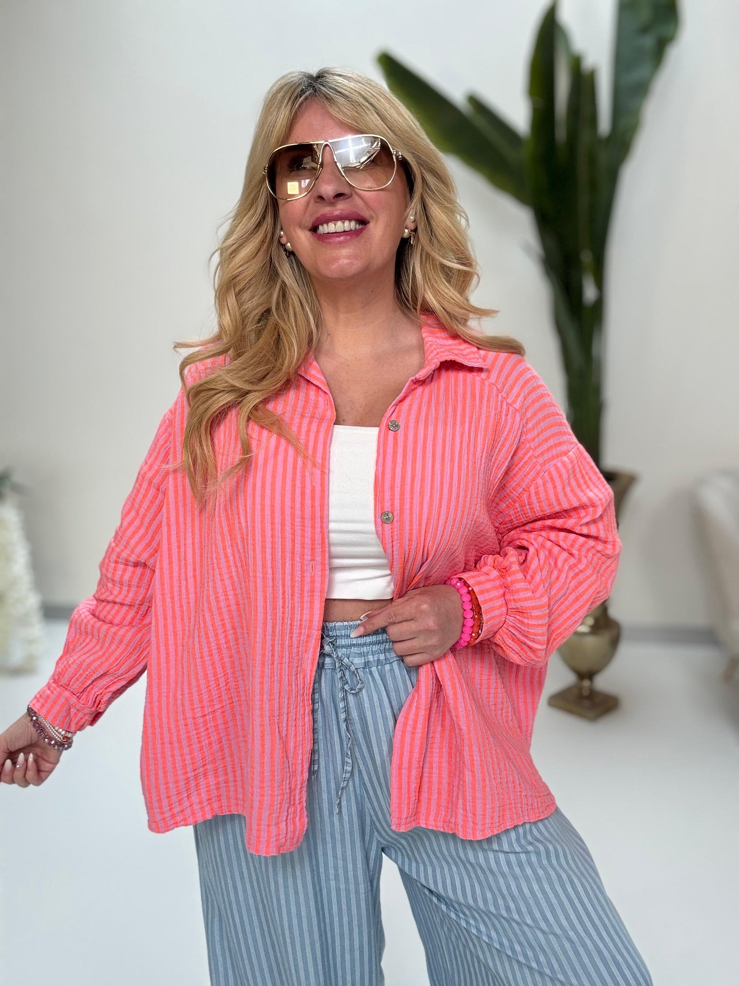 Musselin Bluse rosa SMALL STRIPES orange