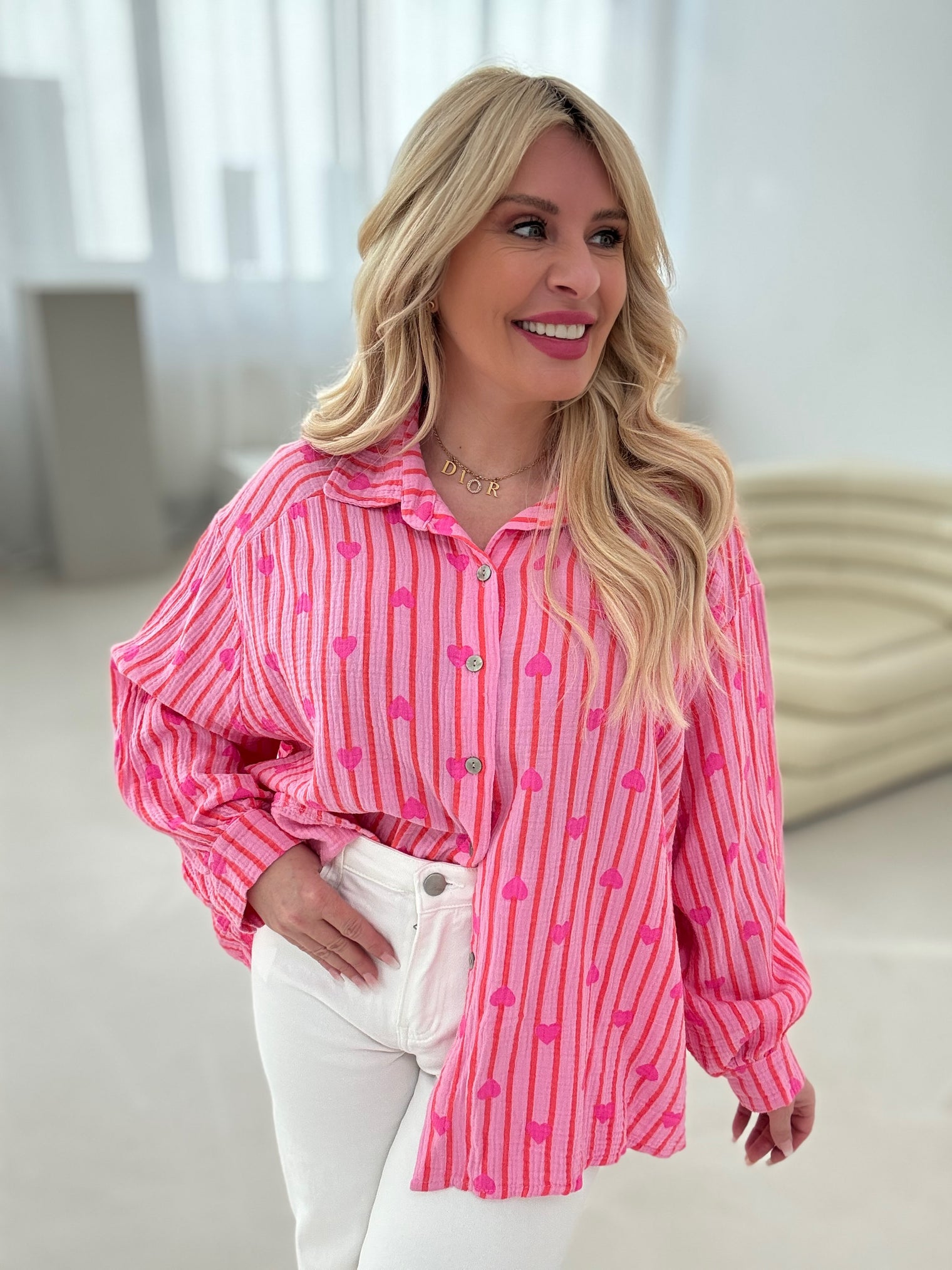 Musselin Bluse HEART ATTACK  rosa/ orange Streifen/ Pinke Herzen