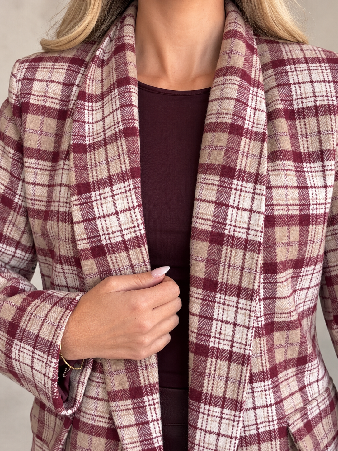 Karierter Long Blazer / Kurz Mantel  Burgundy/Creme