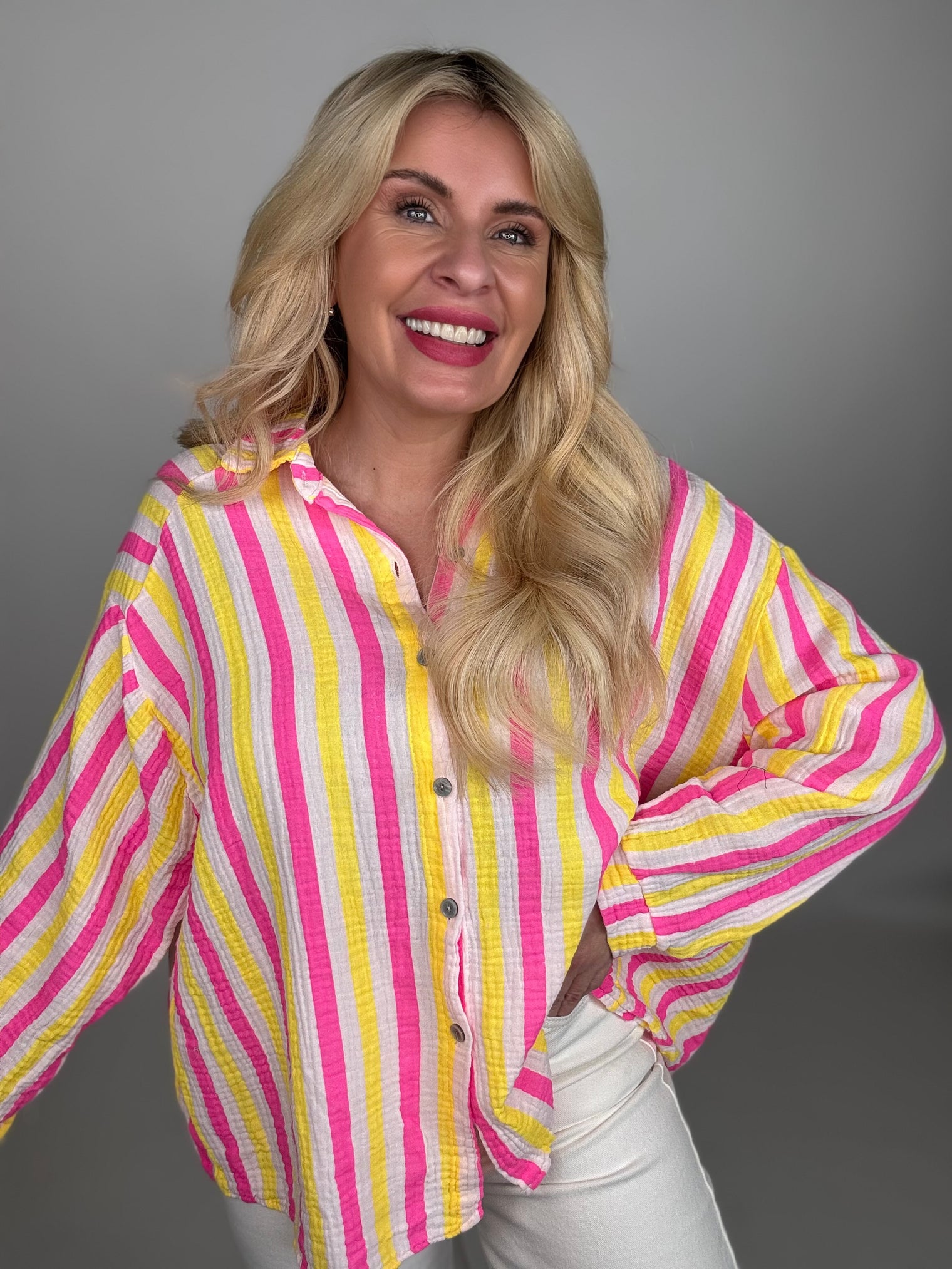 Musselin Bluse weiß NEON STREIFEN gelb&pink