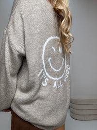 Oversize Strickpullover mit Smiley&Rückenprint beige/creme