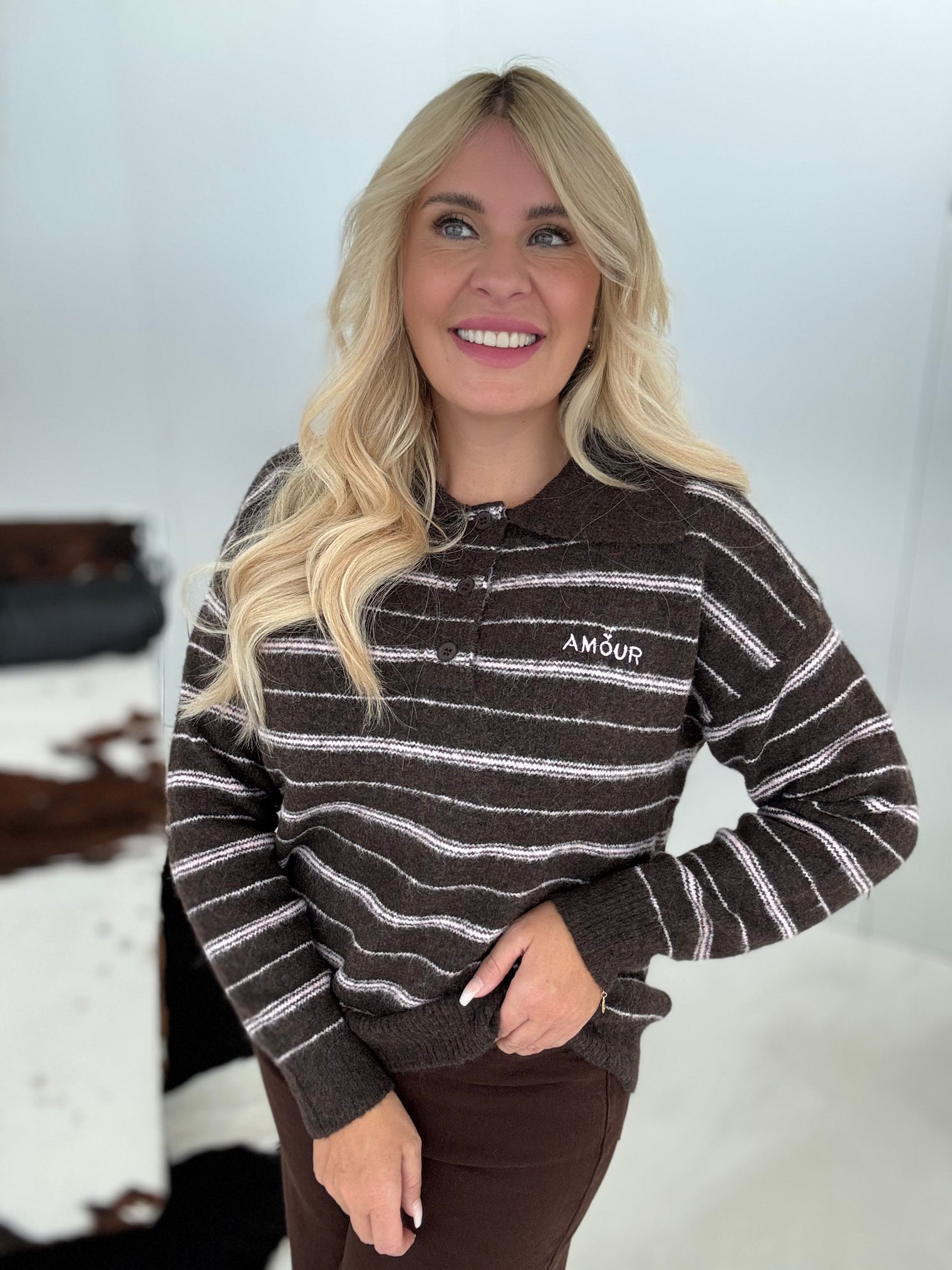 Strickpullover Polo coffee AMOUR pink