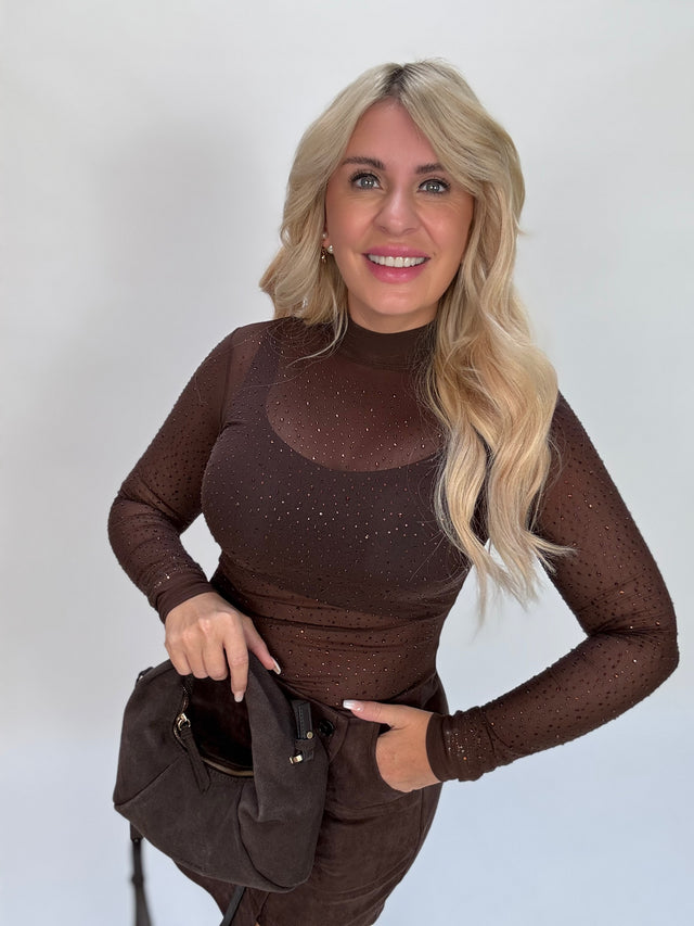 Mesh Body mit Glitzersteinen CHOCOLATE