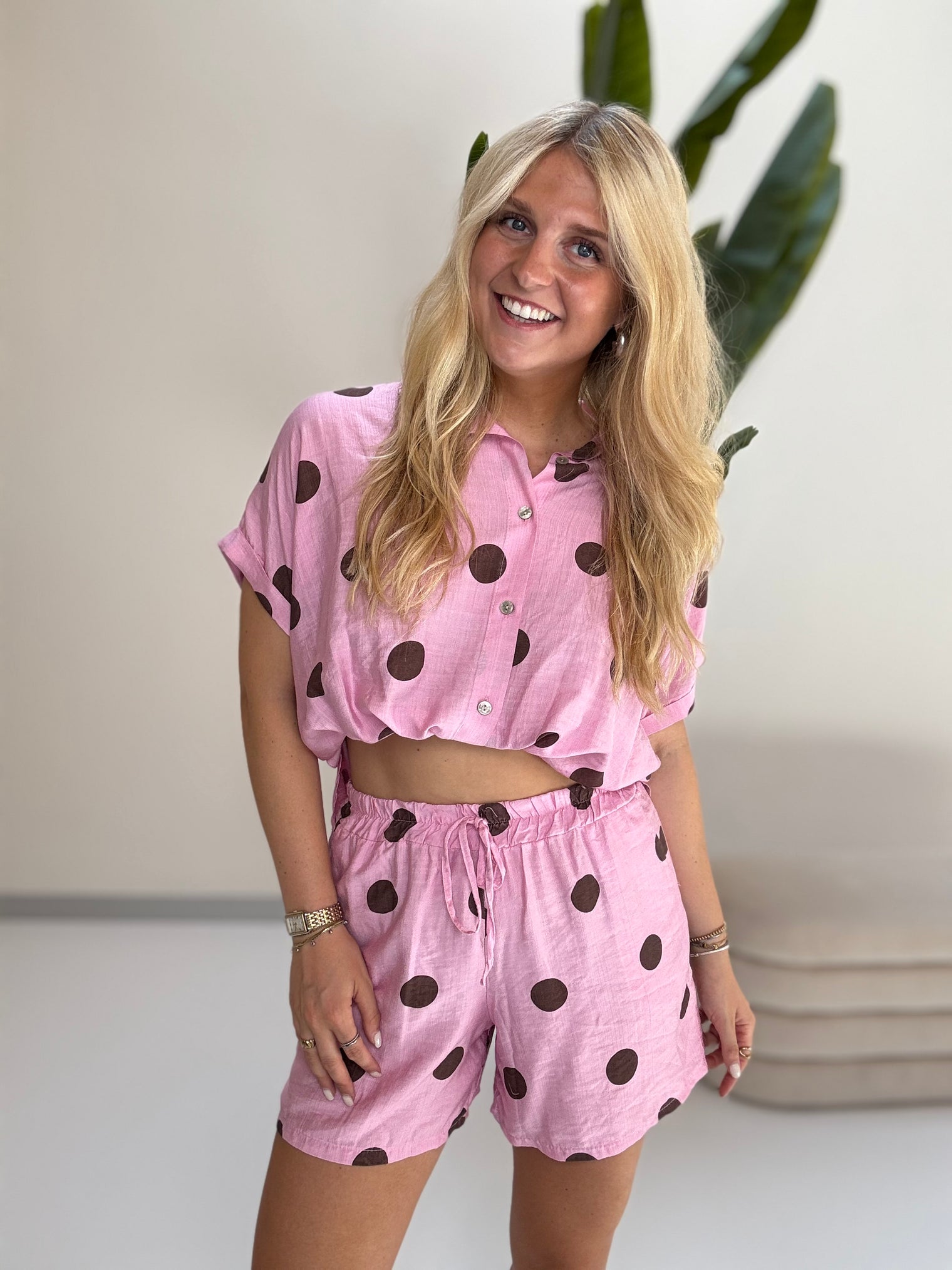 Leichte Sommer Bluse candy rose BIG POLKA DOTS coffee