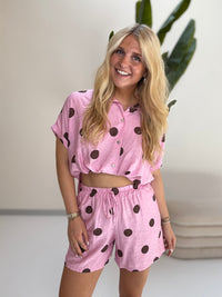Leichte Sommer Bluse candy rose BIG POLKA DOTS coffee