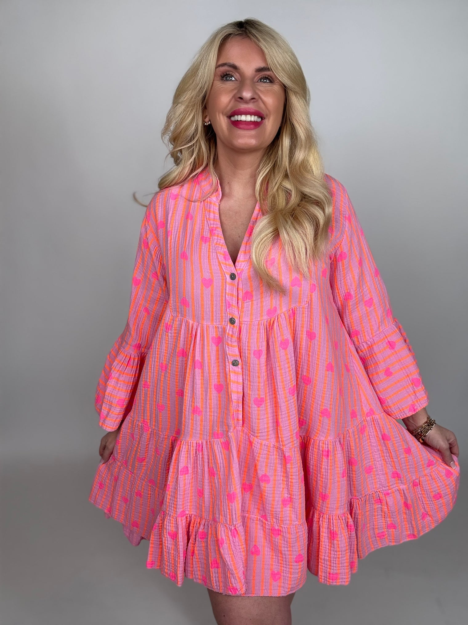 Kleid kurz rosa HEART ATTACK leuchtend orange Streifen & Herzen pink