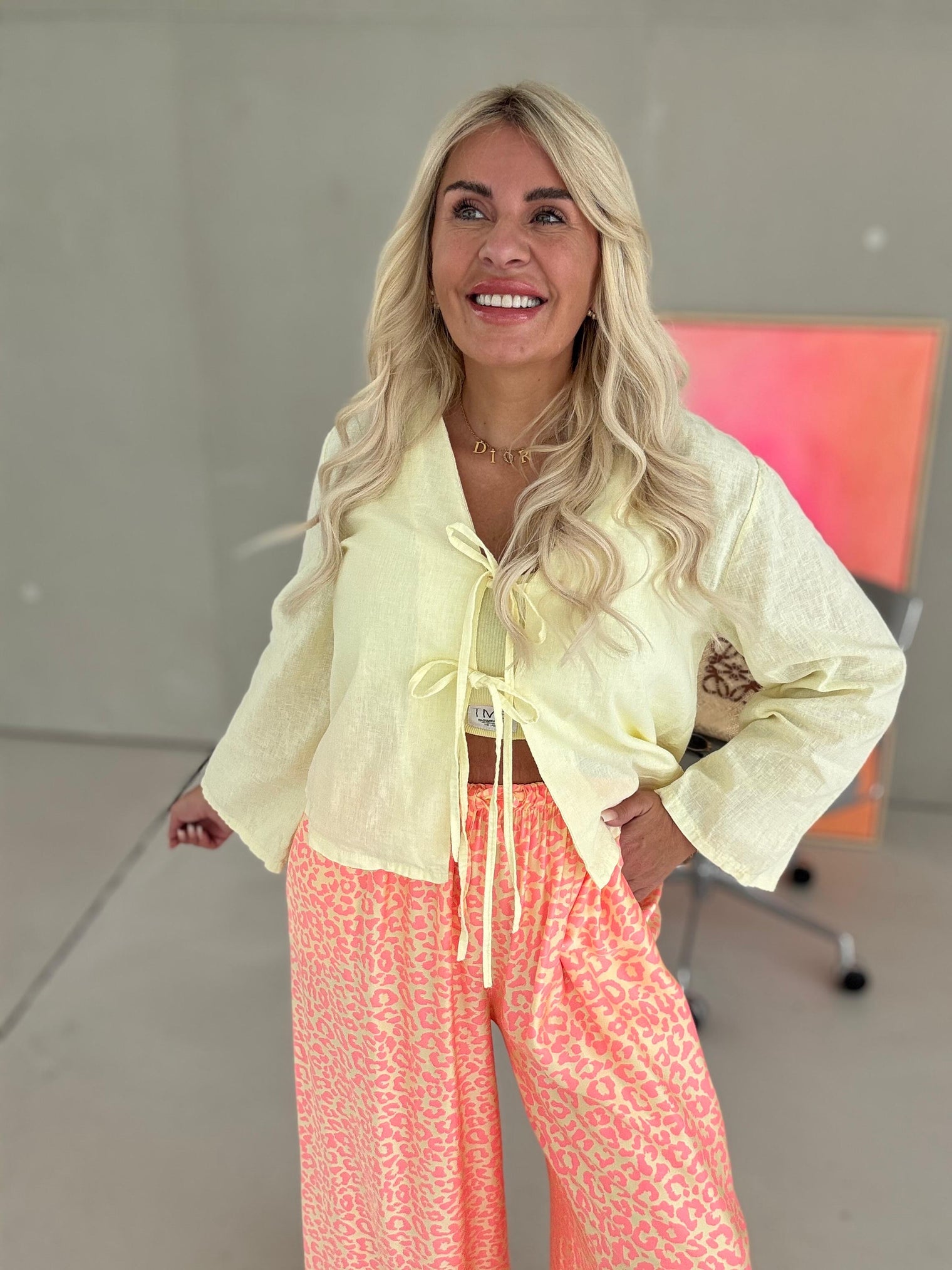 Leinen Bluse langarm BUTTERMILK LEMON mit Schleifchen