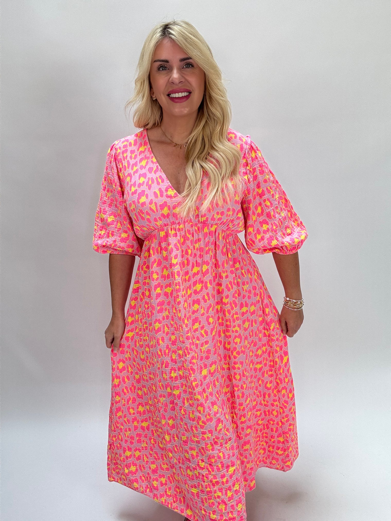 Musselin Kleid Hot rosa LEO POWER hot pink/gelb