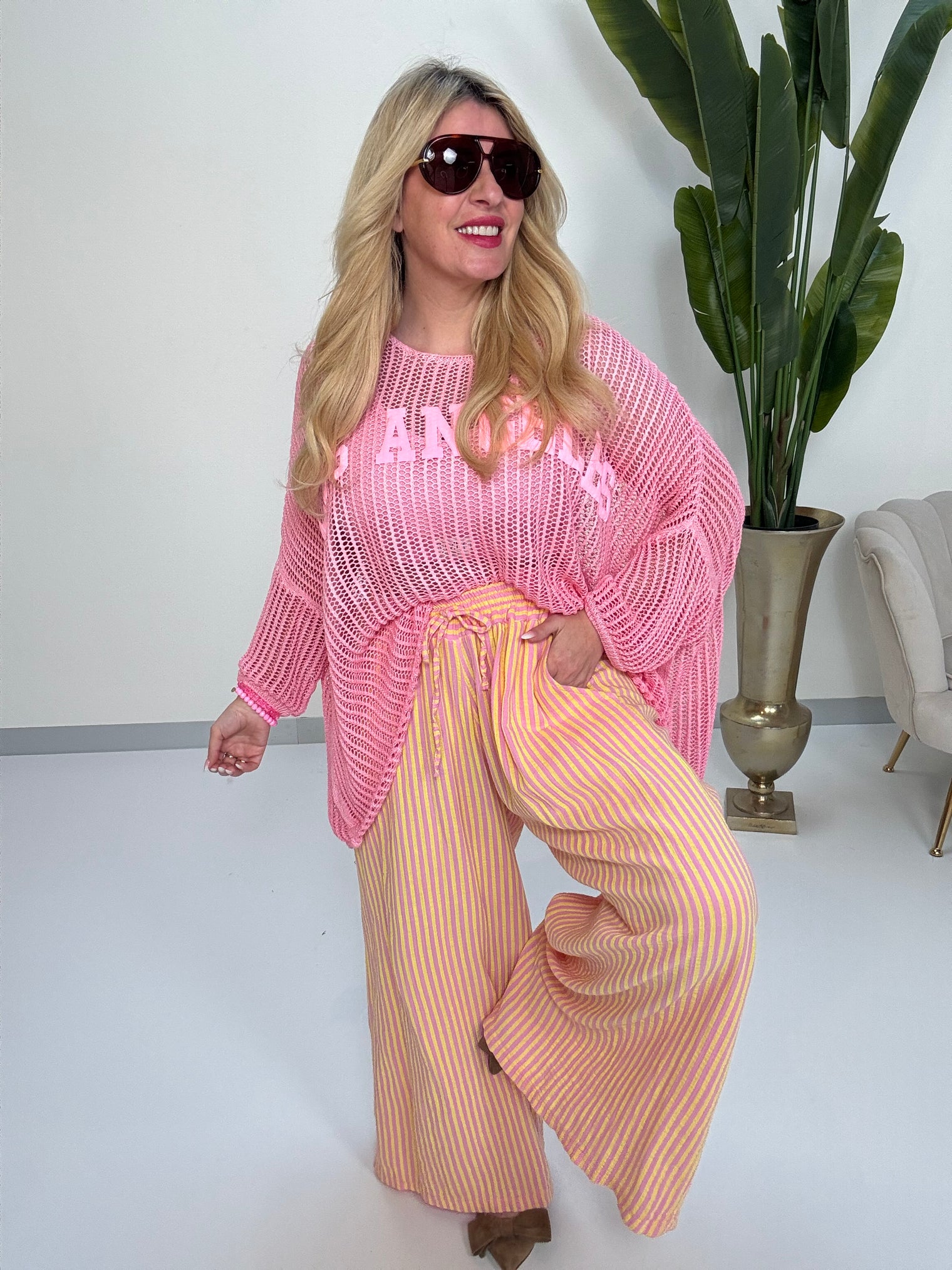 Musselin Hose Stripes POWER gelb rosa