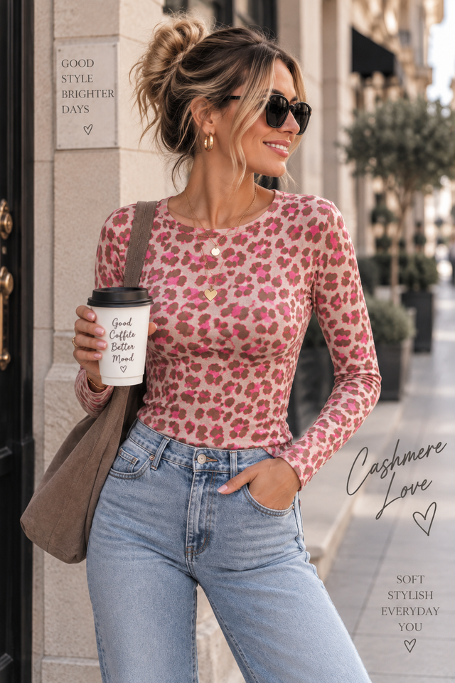 Stretchy Cashmere Langarmshirt rose LEO POWER braun/pink