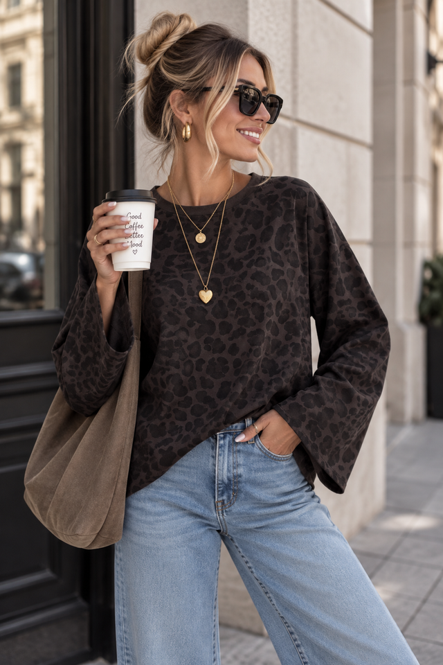 Longsleeve mit leicht ausgestelltem Ärmel dark chocolate LEO schwarz/braun