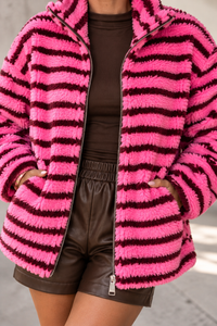 Teddy Jacke mit Reißverschluss pink/burgundy gestreift