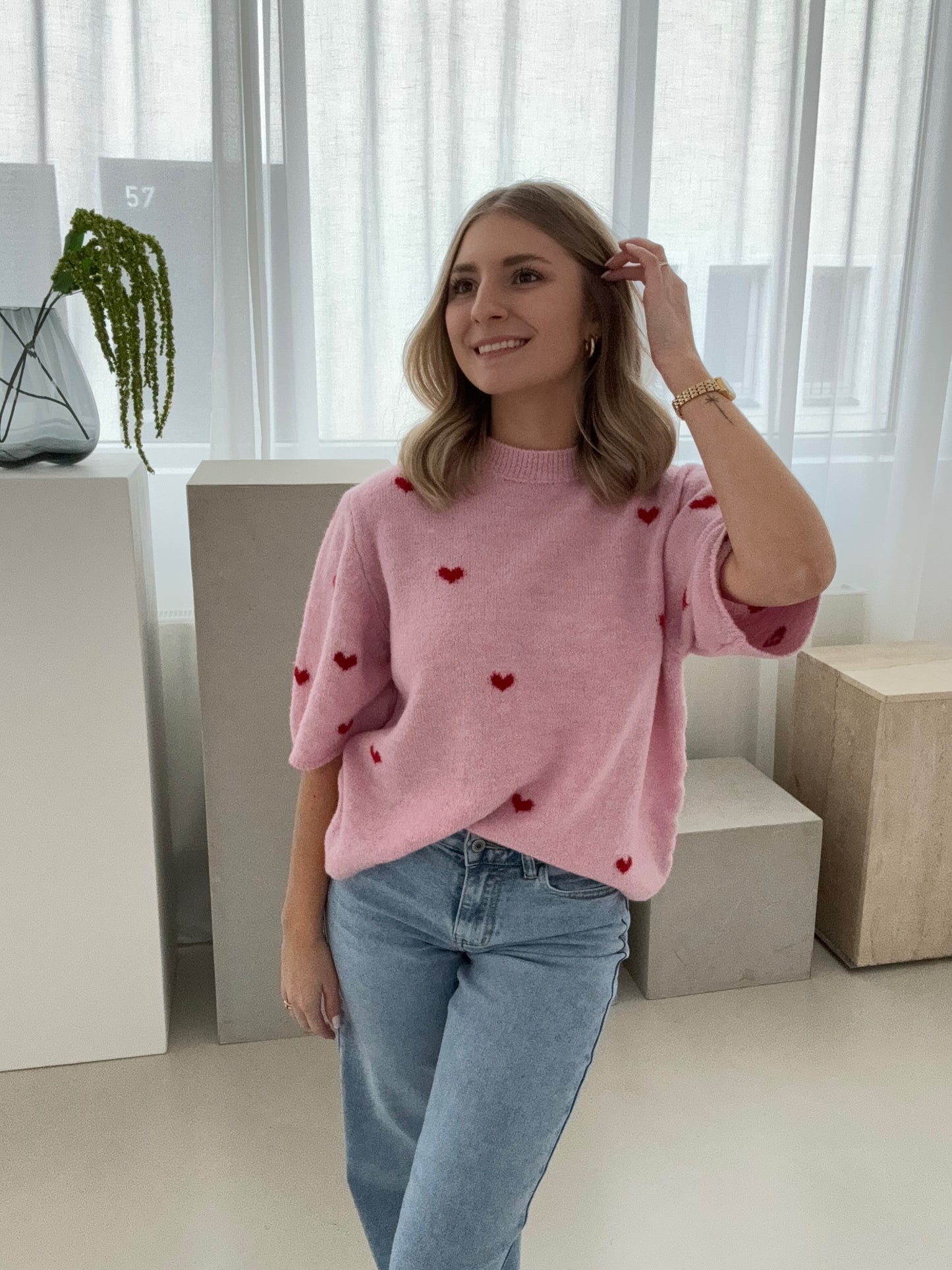 Strick Shirt/Pullover rosa mit roten Herzen