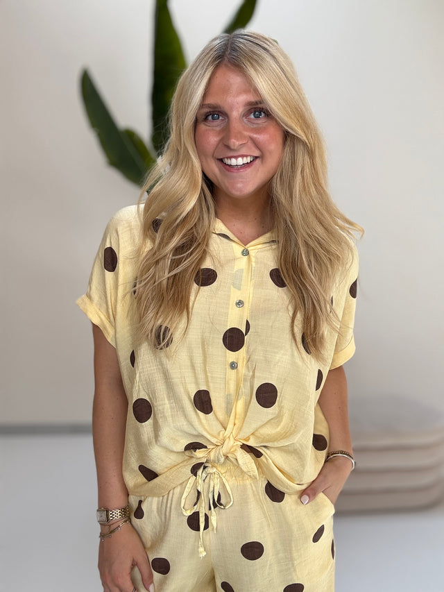 Leichte Sommer Bluse buttermilk lemon BIG POLKA DOTS coffee