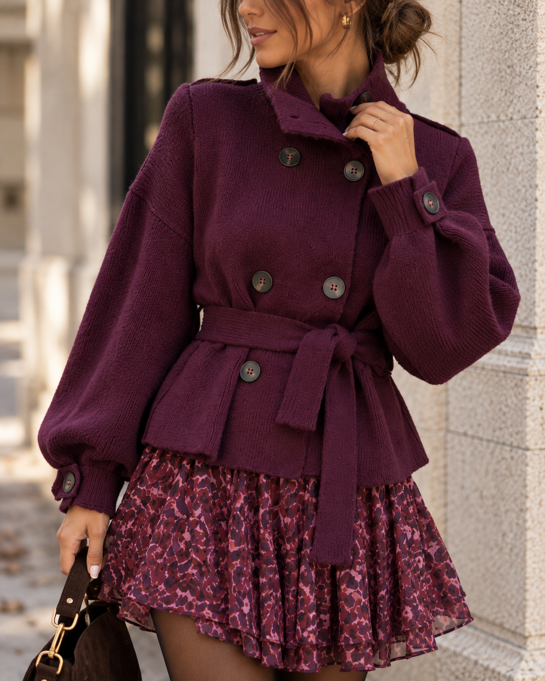 Strickjacke mit Knopfleiste und Gürtel burgundy