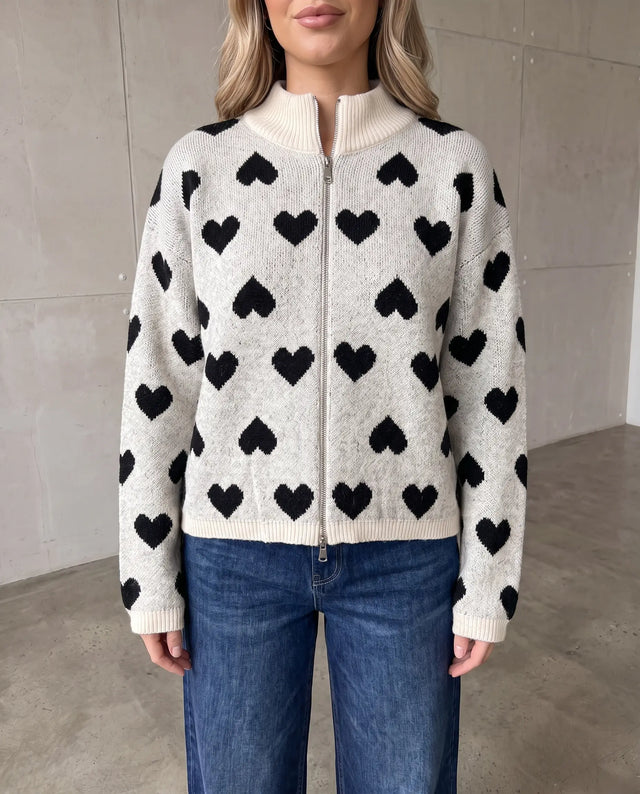 Zipper Strickjacke mit Herzchen greige/schwarz