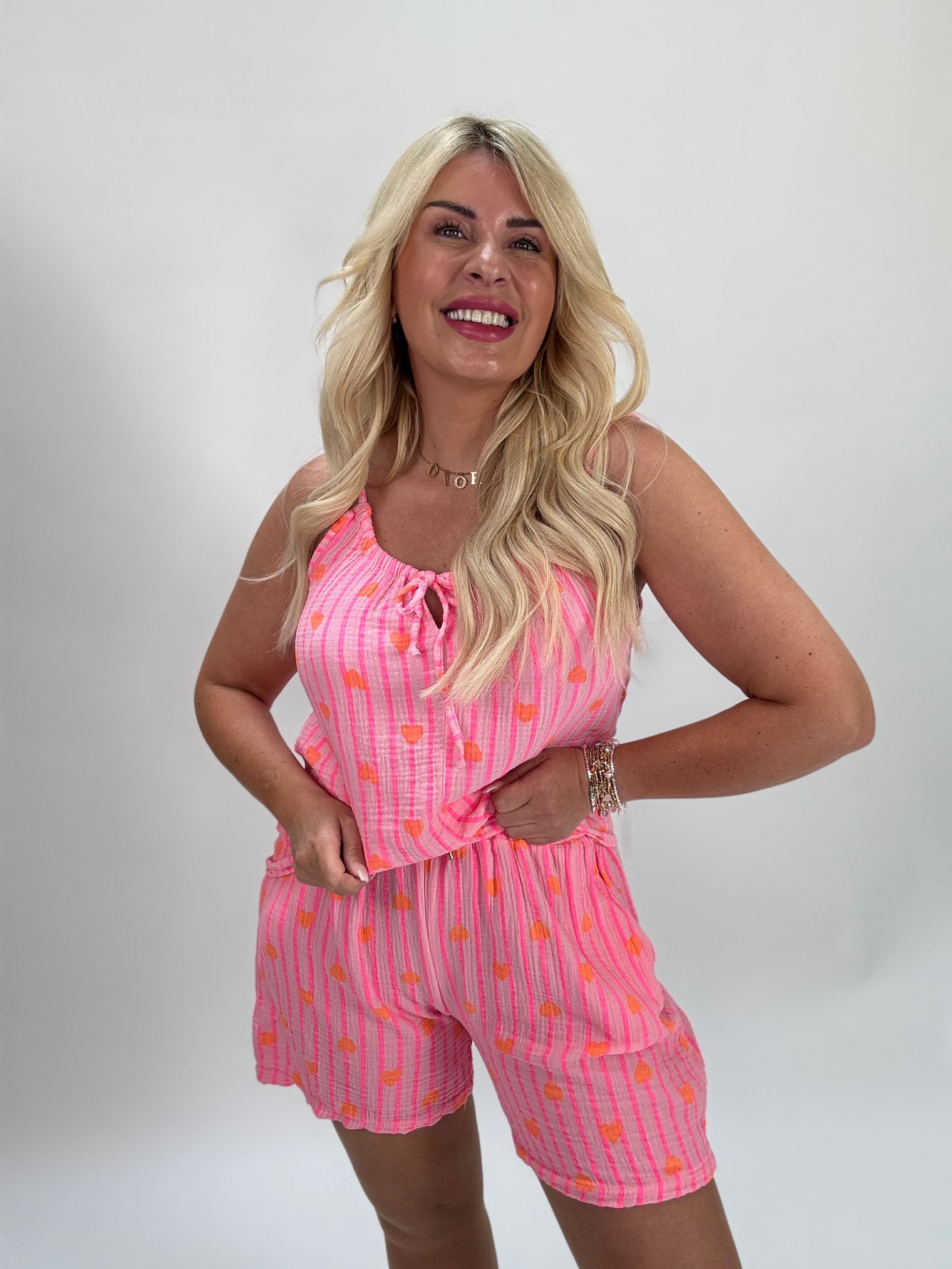 Musselin Bluse Top rosa HEART ATTACK pink I orange Herzen