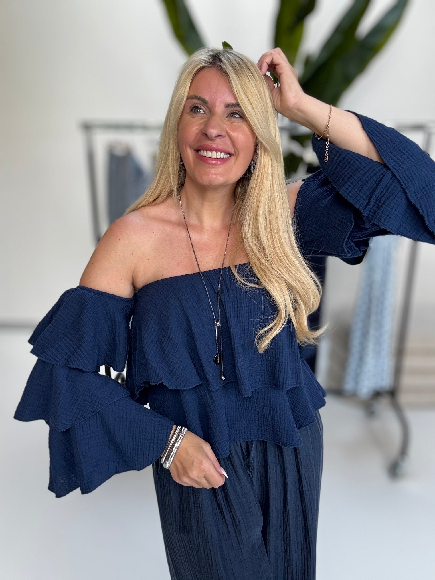 Musselin Carmen Bluse BOHO CHIC blueberry