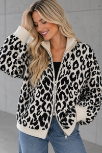 Zipper Strickjacke im angesagten Leo Muster schwarz/creme