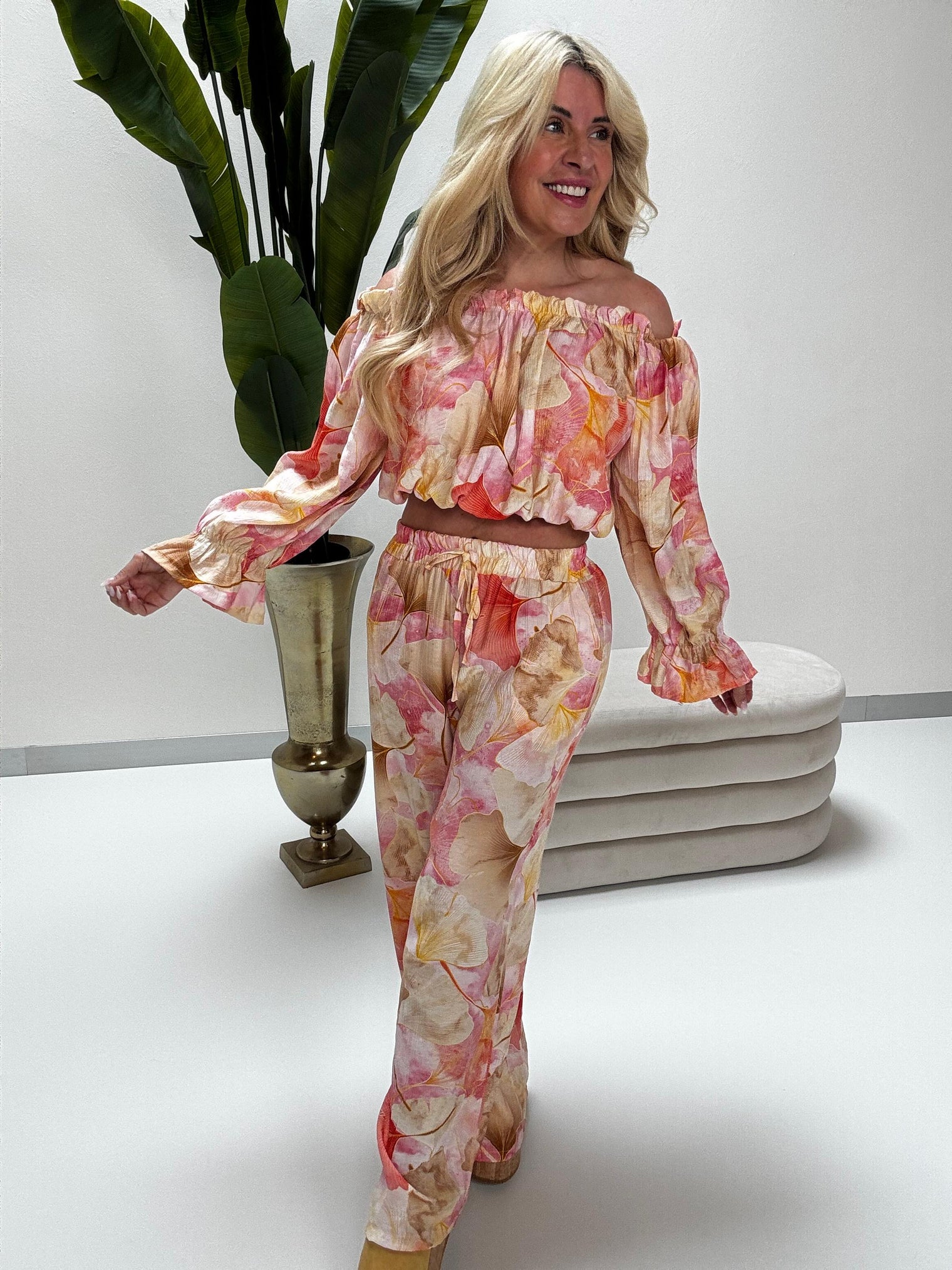 Sommer Hose FLORAL QUEEN beige/creme/rose