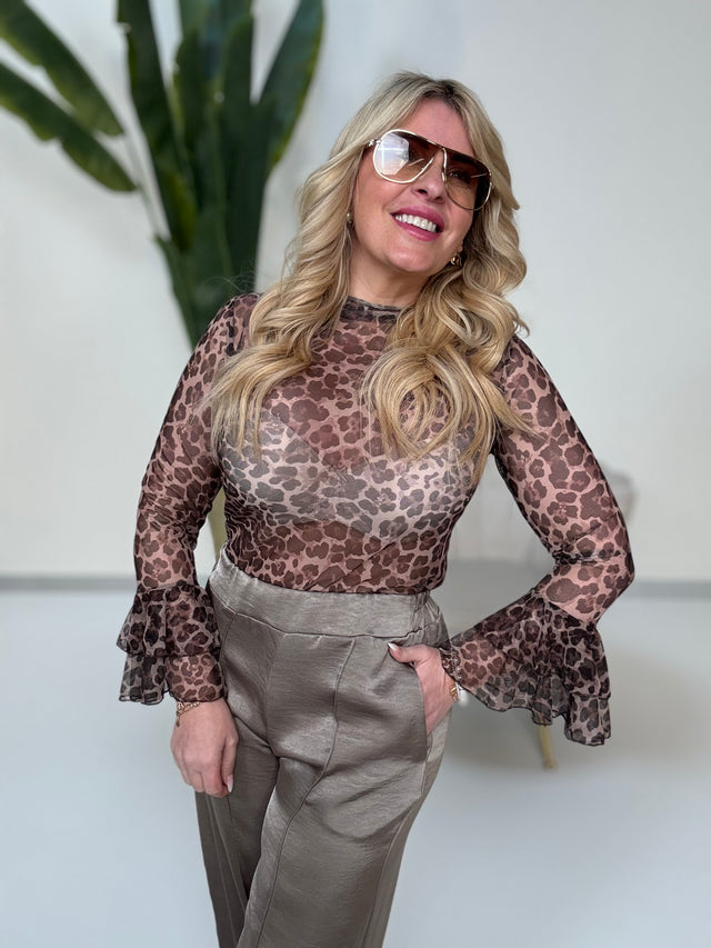 Mesh Langarmshirt WILD GIRL braun leo