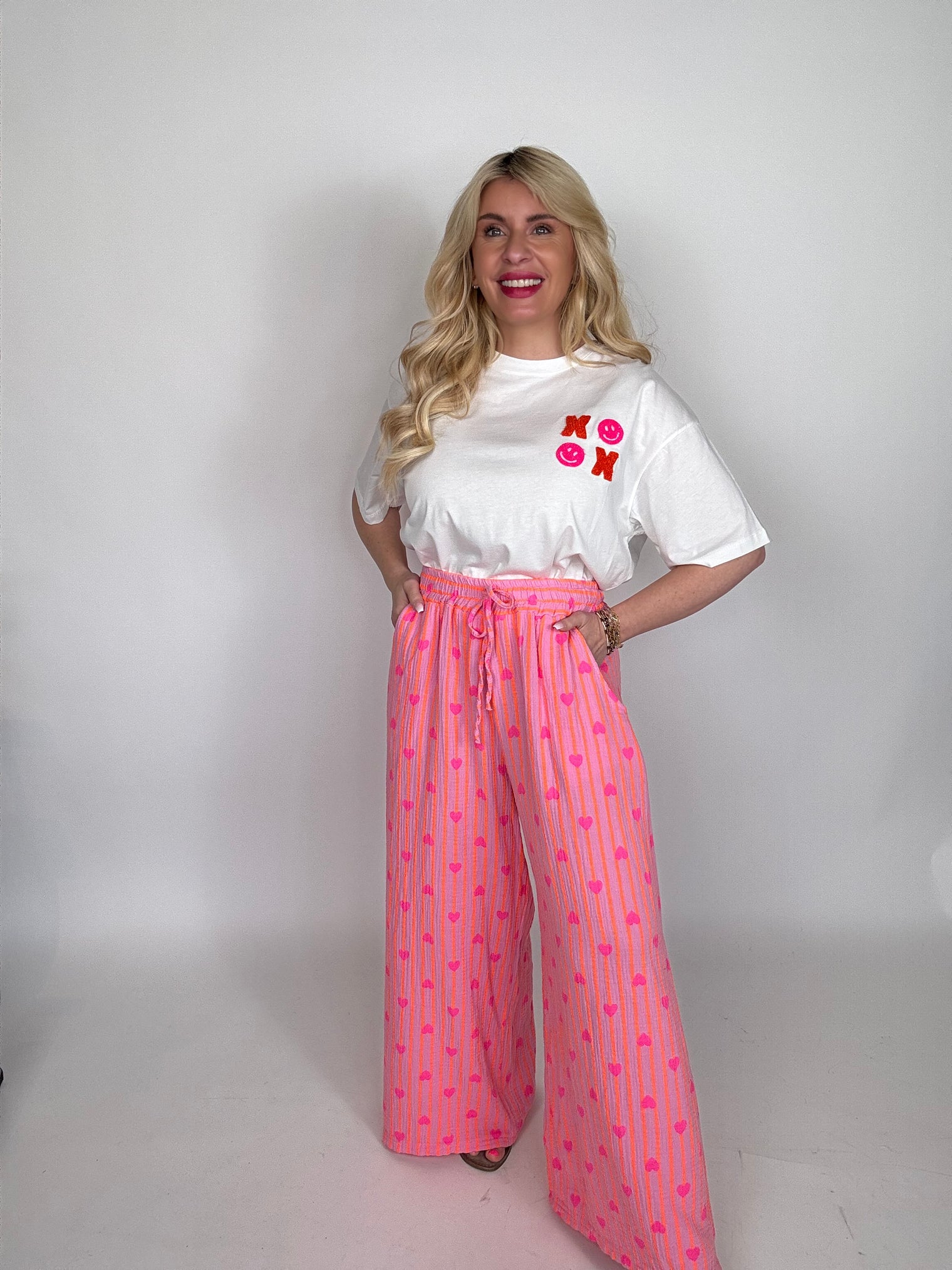 Stylische Musselin Hose rosa HEART ATTACK hot orange&Herzen pink