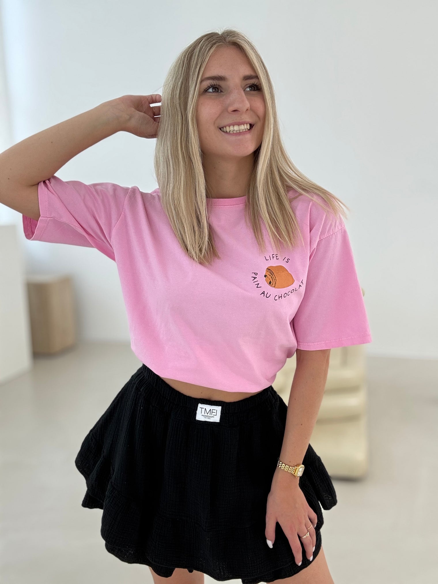 Statement Shirt LIFE IS PAIN AU CHOCOLAT rosa
