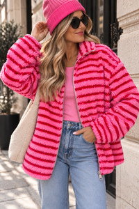 Teddy Jacke mit Reißverschluss pink/rot gestreift