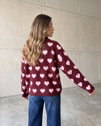 Zipper Strickjacke mit Herzchen burgundy/rosa