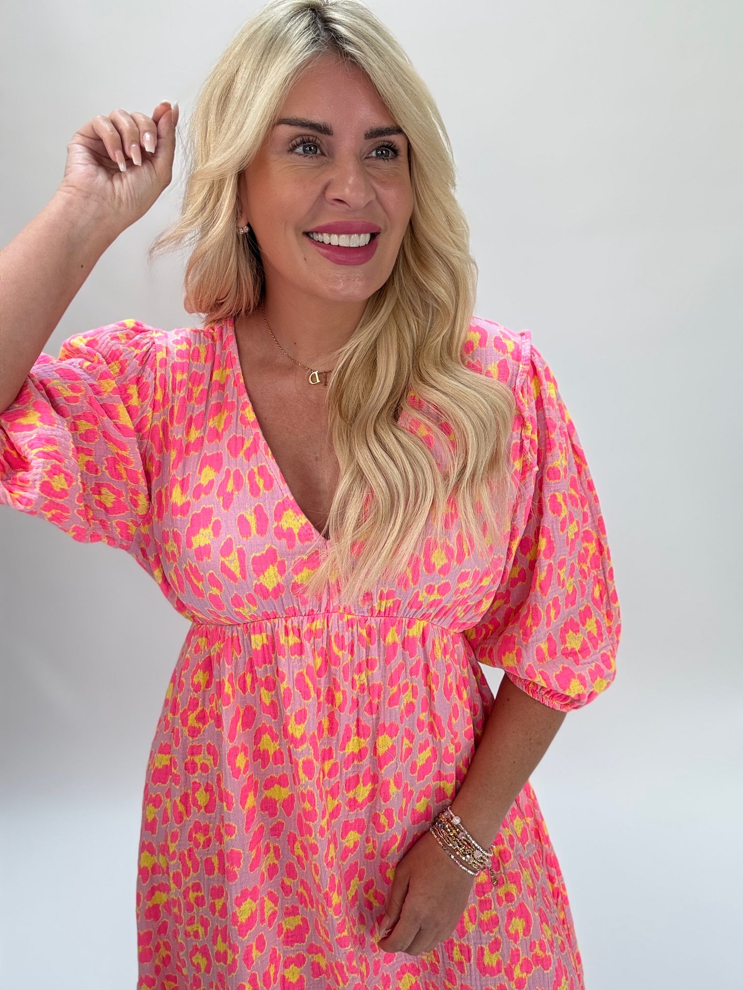 Musselin Kleid Hot rosa LEO POWER hot pink/gelb
