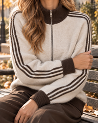 Kuschelweiche Zipper Strickjacke mit seitlichen Streifen creme/taupe