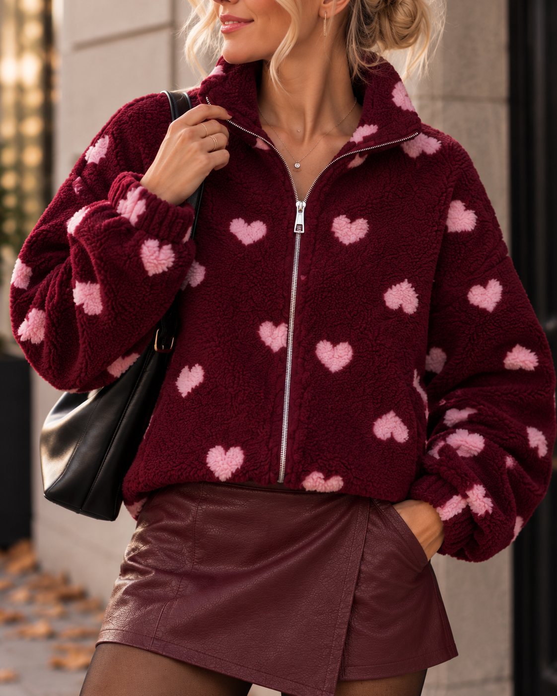 Signature Teddyjacke mit Reißverschluss HEART burgundy/rosa
