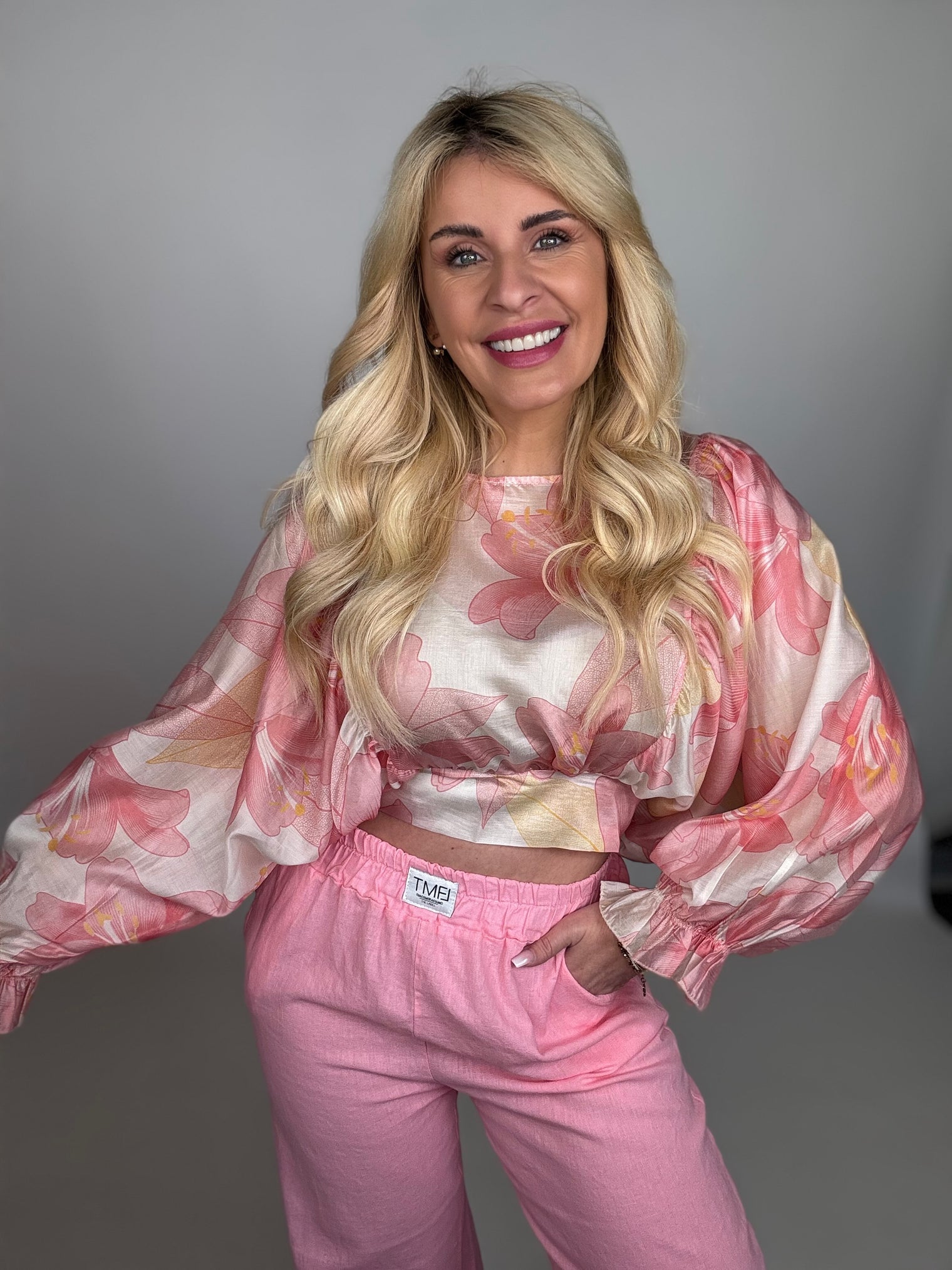 Cropped Bluse langarm ROYAL FLOWERS Rosa