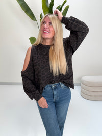 Sweater mit Cut-Out an der Schulter dark chocolate LEO POWER schwarz/taupe