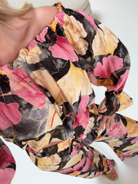 Carmen Bluse langarm FLORAL QUEEN schwarz/pink/creme