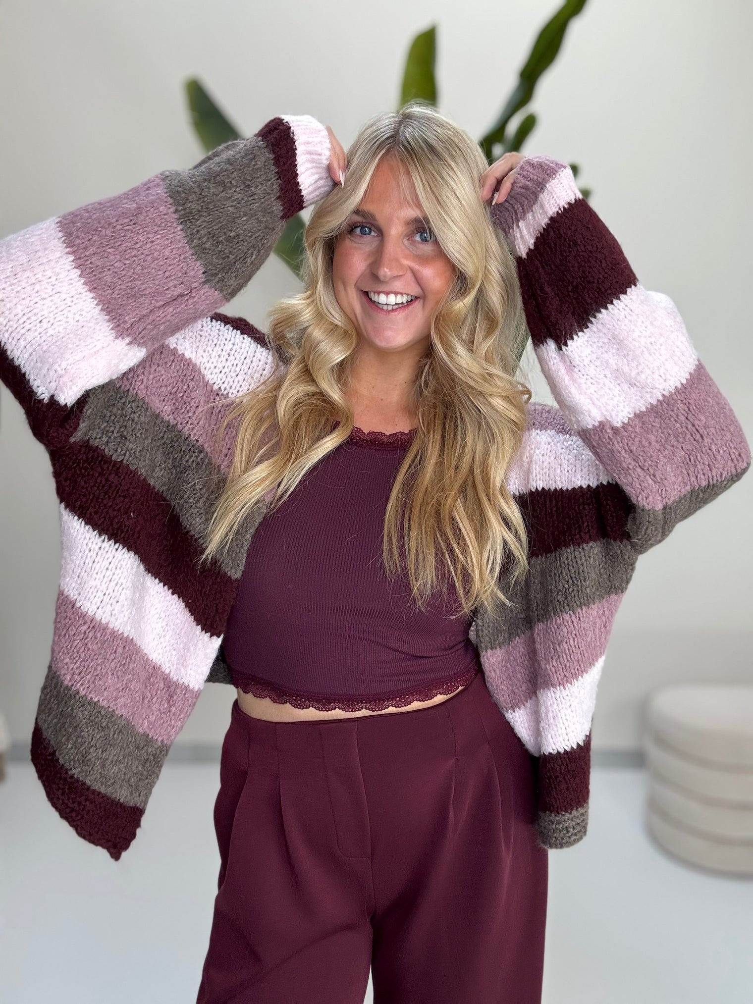 Strickjacke HAPPY BLOCK STRIPES burgundy/taupe/rosa