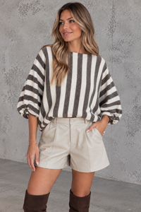 Oversize Strickpullover Stripes mit Alpakaanteil taupe /creme